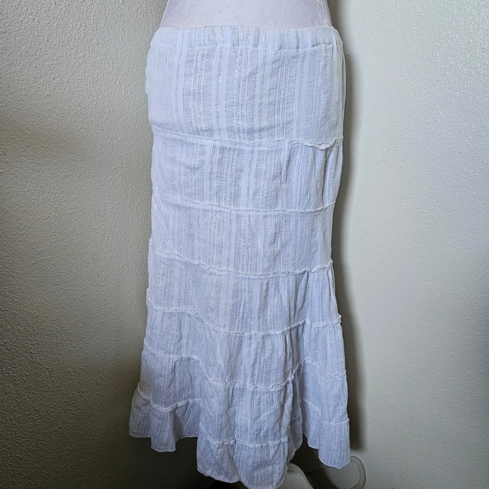 Metro Wear White Cotton Gauze Silver Metallic Striped Tiered Boho Maxi Skirt